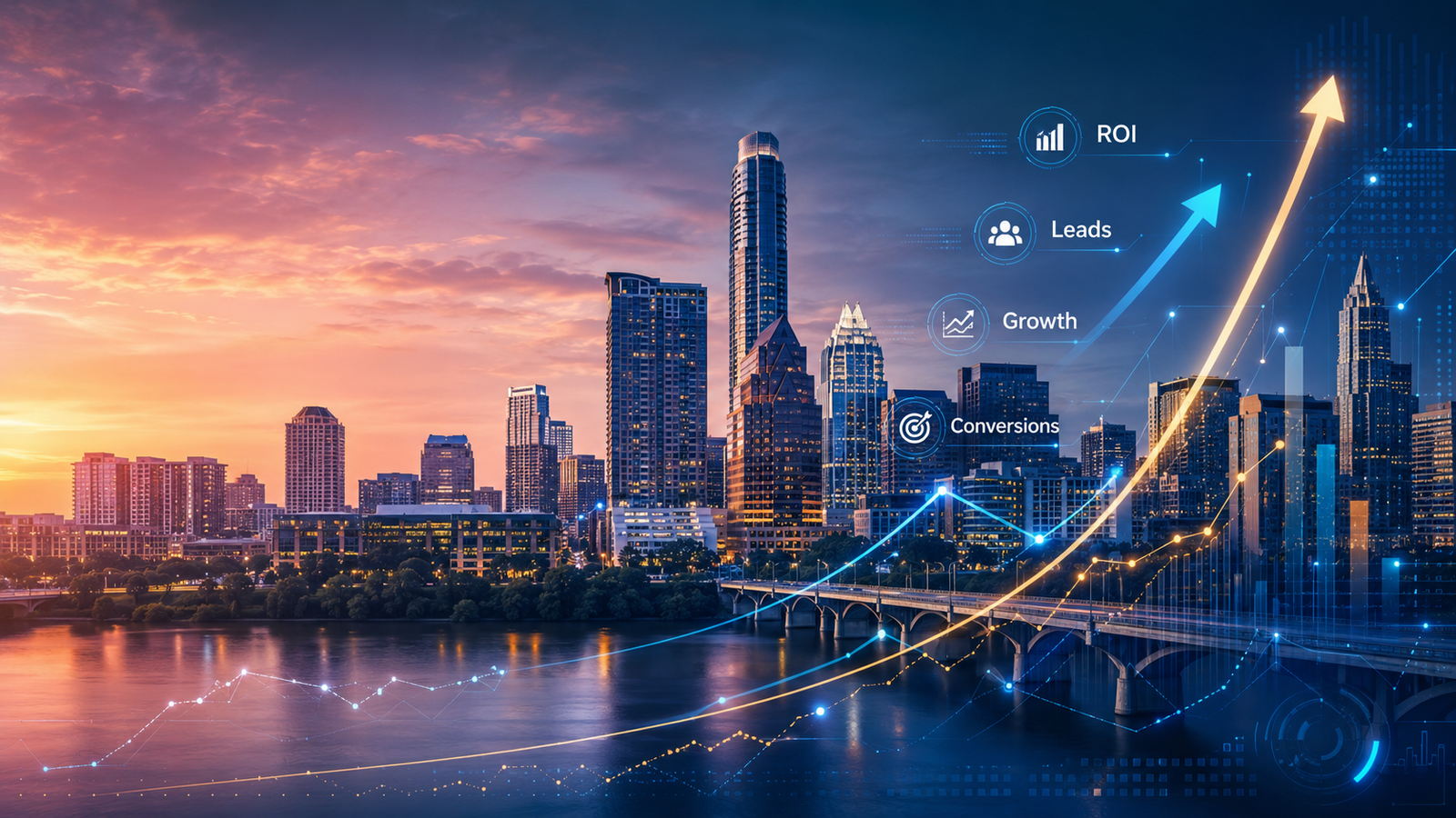 Austin skyline with rising ROI, Leads, Growth and Conversions
